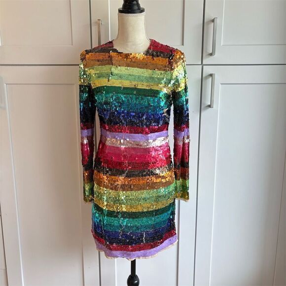 Mac Duggal Women's Size 6 Rainbow Sequin Cocktail Dress Long Sleeve - Picture 2 of 10